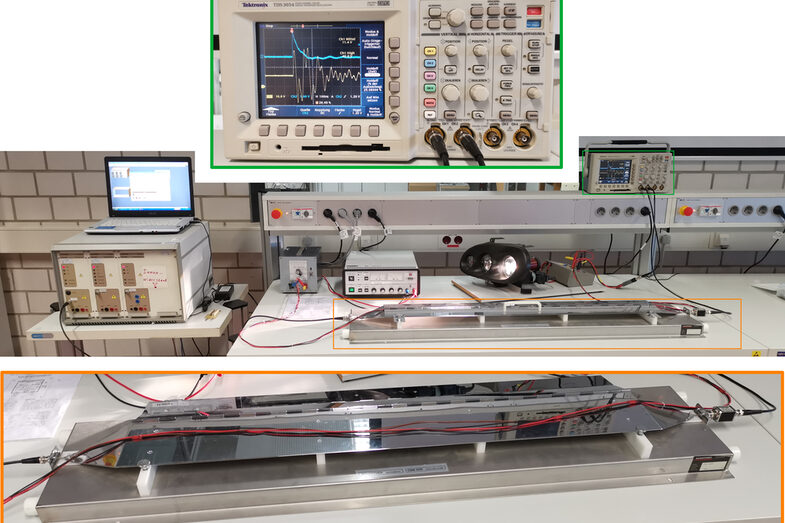 Photo of a coupling clamp and the corresponding test setup.