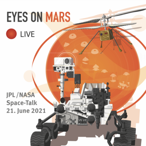 Poster with a robot illustration. Inscription "Eyes on Mars. JPL/NASA Space-Talk, June 21, 2021"