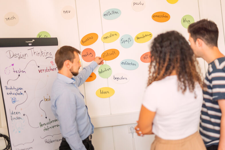 Foto von 3 Personen, die vor einer Wand stehen, an der Karten mit handgeschriebenen Worten stehen. Ein Mann links hält eine Karte an der Wand fest, auf der das Wort "Zukunft" steht.